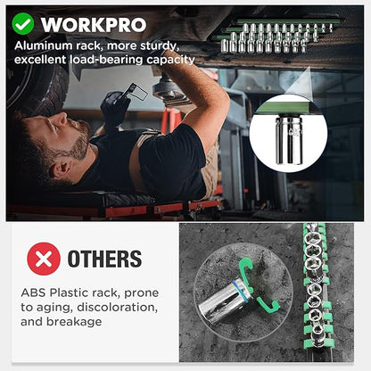 WORKPRO Magnetic Socket Organizer, 3/8-Inch Drive Aluminum Alloy Sockets Rail, Heavy Duty Sockets Holder, Socket Rack Kit 3/8-Inch x 10 Clips Green (Socket not Included)