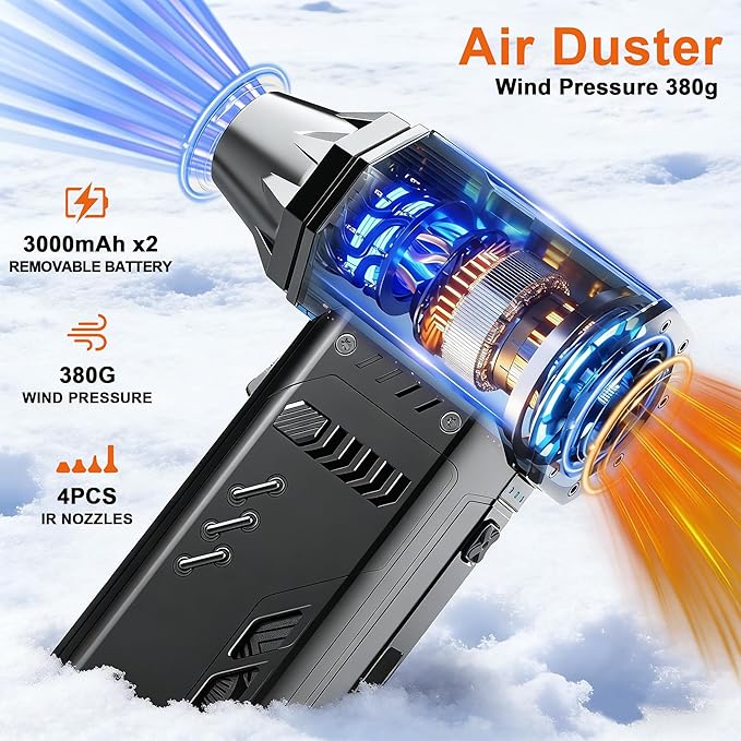 Air Duster -250000RPM- Snow Blower, Replaceable Batteries 2pcs,Long Life-mini Blower, 3-Gear Adjustable- Electeic Air Duster for Keyboard,PCs,Outdoors,Snow,Leaves,Car Cleaning (2*Batteries)