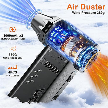 Air Duster -250000RPM- Snow Blower, Replaceable Batteries 2pcs,Long Life-mini Blower, 3-Gear Adjustable- Electeic Air Duster for Keyboard,PCs,Outdoors,Snow,Leaves,Car Cleaning (2*Batteries)
