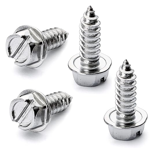Chrome License Plate Screw Kit - Set of 4 Stainless Steel Fasteners for License Plates, Frames, and Covers on Domestic Cars, Trucks, Vans, SUVs - Rustproof, Self Tapping Mounting Bolts (Chrome Plated)