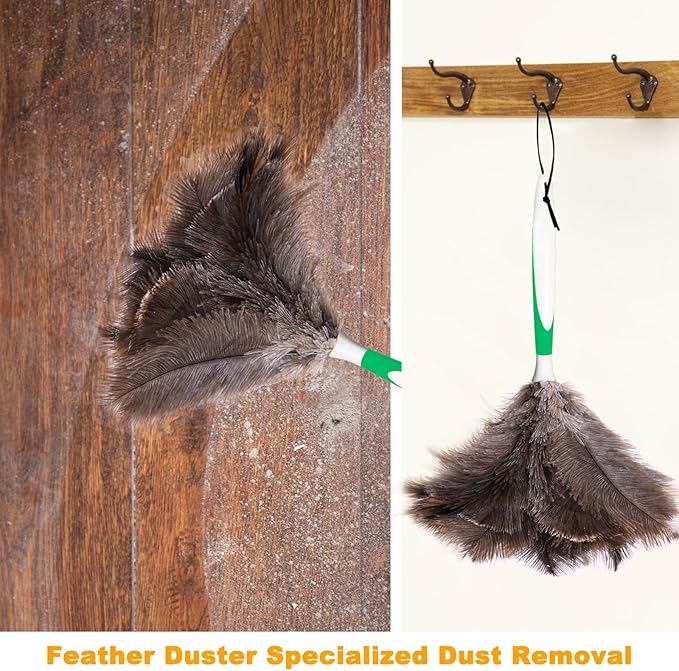 Genuine Ostrich Feather Duster 16 Inch Reusable Fluffy Soft Car Blind Baseboard Cleaner Handheld Dust Brush Washable for Home Office Cleaning Supplies