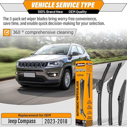 AUTOBOO 24"+18" Windshield Wipers with 10" Rear Wiper Blade Replacement for Jeep Compass 2018 2019 2020 2021 2022 2023 -Original Factory Quality (Pack of 3)