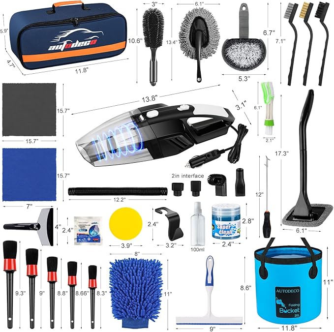 AUTODECO 41Pcs Car Cleaning Wash Kit Interior Detailing Cleaner Kit with High Power Handheld Vacuum, Collapsible Bucket, Windshield Tool, Snow Shovel, Tire Brush, Complete Car Care Tools, Blue