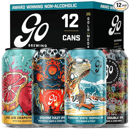 Go Brewing - IPA 12 Mixed Pack - Non Alcoholic Beer - Small Batch Brew - Low Calorie Drink - Featuring Double IPA, Disarm Hazy, Grapefruit & Tropical IPA - Low-Calorie, NA Brew (12 oz, 12 Pack)