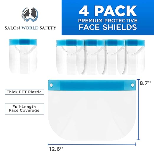 Salon World Safety Face Shields - Ultra Clear Protective Full Face Shields to Protect Eyes, Nose and Mouth - Anti-Fog PET Plastic, Elastic Headband - Sanitary Droplet Splash Guard Cover (Pack of 4)