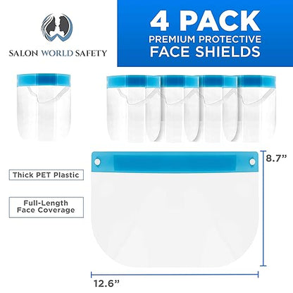 Salon World Safety Face Shields - Ultra Clear Protective Full Face Shields to Protect Eyes, Nose and Mouth - Anti-Fog PET Plastic, Elastic Headband - Sanitary Droplet Splash Guard Cover (Pack of 4)