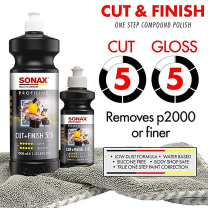 SONAX Cut & Finish 225300 | High Performing Polish/Compound | Rated 5 Cut & 5 Gloss | Removes Paint Defects, P1500 Sanding Marks & Water Spots | Long Work Time & Easy Wipe-Off | Silicone-Free | 1000ml