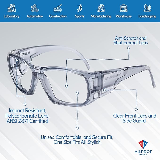 ALLPROT TITANIUM - Safety Glasses Protective Eyewear for Men and Women - ANSI z87.1 Safety Glasses - Impact Resistant, Comfortable Eye Protection for Industrial, Construction, Consumer, and Sports