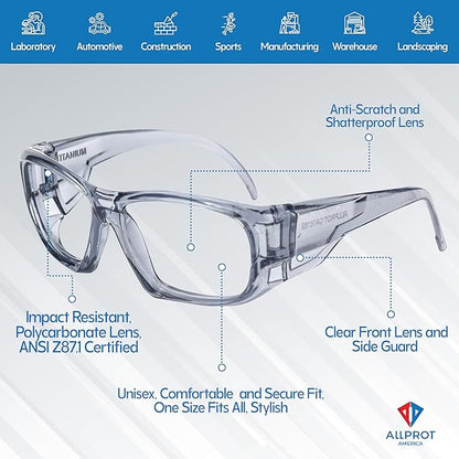 ALLPROT TITANIUM - Safety Glasses Protective Eyewear for Men and Women - ANSI z87.1 Safety Glasses - Impact Resistant, Comfortable Eye Protection for Industrial, Construction, Consumer, and Sports