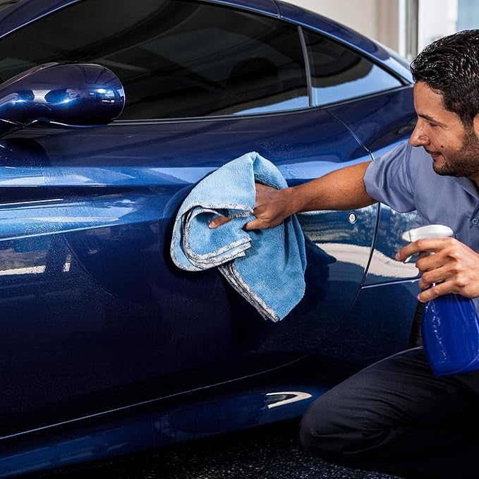 Detail Microfiber Car Towels Bulk (24"x 36") | 400 GSM | 80/20 Blend | Tagless | Soft Satin Piped Edges | All-Purpose Auto Detailing - Wax, Buff, Polish, Wash, Dry | Case of 64 (Blue)
