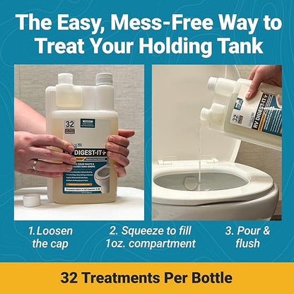 Unique RV Digest-It Ultra RV Toilet Treatment, 32 Uses, Super Concentrated, Eliminates Smells, Liquifies Waste, Easy-Measure Preventive Bio-Enzymatic Holding Tank Treatment, Package May Vary (32 oz)