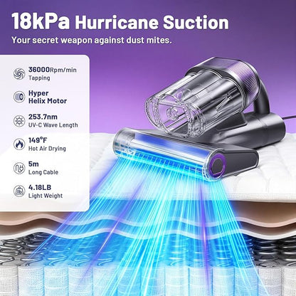 LED Display Mattress Vacuum Cleaner, 18Kpa Bed Vacuum Cleaner with 253.7nm UV-C Light, 149℉ Heat, Triple-Cup Versatile Handheld Vacuums for Bed Sofa Carpets Pet Hair