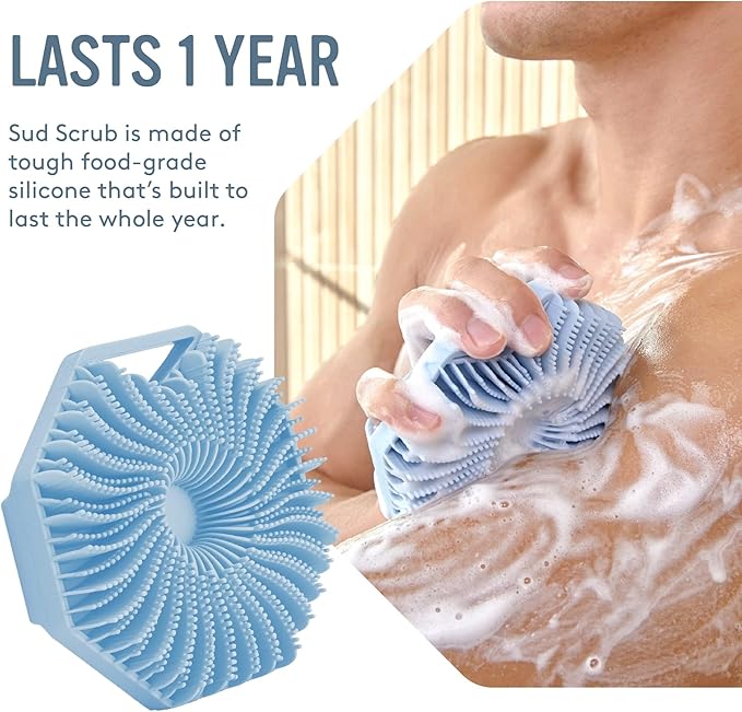 Sud Scrub® Antimicrobial Silicone Body Scrubber, Exfoliating Body Scrubber for Sensitive Skin, Eco Friendly Shower Scrubber for Body, Silicone Body Brush for Showering, Blue