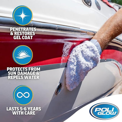 Poli Glow Boat & RV Polish Kit with Applicator Mitt - 32 oz High-Gloss Fiberglass Polish for Boats and RVs - Easy to Apply, Long-Lasting Shine - Hydrophobic Boat Cleaner - UV Protection - 2-in-1 Kit