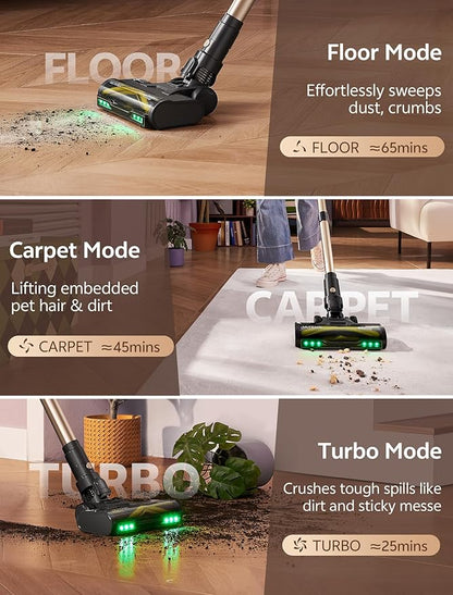 Ultenic Cordless Vacuum Cleaner, 600W 60KPA 65min Runtime, Stick Vacuum with Green Light, Self-Standing & 180° Lay-Flat, Anti-Tangled Brush, Vacuum Cleaners for Home/Hard Floor/Carpet/Pet Hair, U15