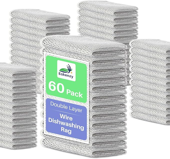 Eakenzy Non Scratch Wire Dishcloth, Multipurpose Wire Dishwashing Rag for Wet and Dry, Steel Cloth for Washing Dishes, Rust Removal Cleaning Cloth Kitchen, No Odor, Double Layer, 60 Pack