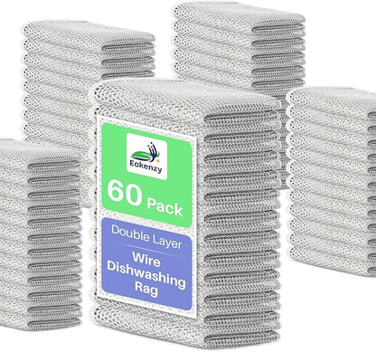 Eakenzy Non Scratch Wire Dishcloth, Multipurpose Wire Dishwashing Rag for Wet and Dry, Steel Cloth for Washing Dishes, Rust Removal Cleaning Cloth Kitchen, No Odor, Double Layer, 60 Pack