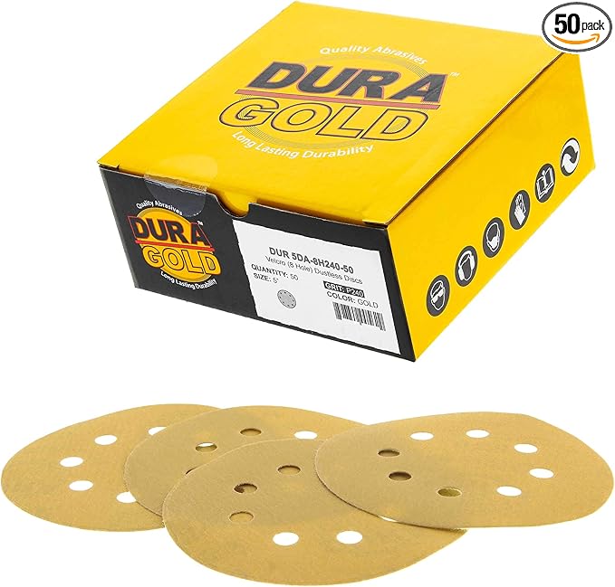 Dura-Gold Premium 240 Grit 5" Sandpaper Discs, 8 Hole Pattern Dustless, 50 Discs - Hook & Loop Backing for Orbital DA Sander, Detailing Finishing Color Sanding Automotive Paint Woodworking