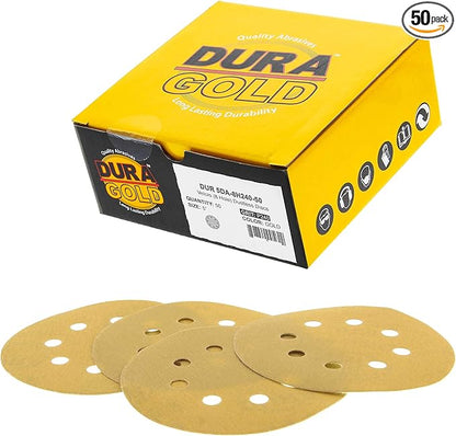 Dura-Gold Premium 240 Grit 5" Sandpaper Discs, 8 Hole Pattern Dustless, 50 Discs - Hook & Loop Backing for Orbital DA Sander, Detailing Finishing Color Sanding Automotive Paint Woodworking