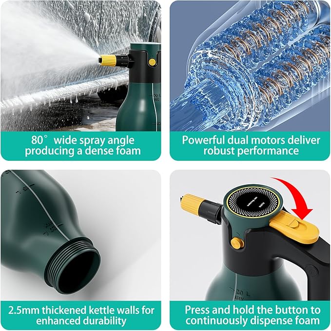 Electric Pressurized Foam Sprayer, 2L Cordless Pump Sprayer with One-Touch Lock, Portable Foam Sprayer for Car Wash, Auto Detailing, House & Pet Cleaning