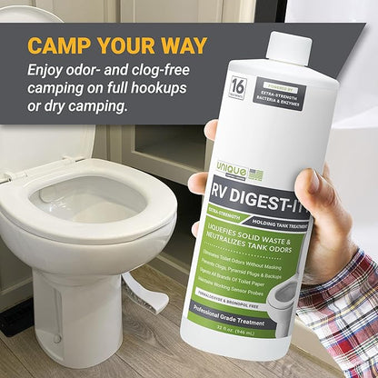 Unique RV Digest-It+, Extra-Strength RV Toilet Treatment - Liquifies Waste and All Brands of Toilet Paper - Odor Eliminator (32 oz)