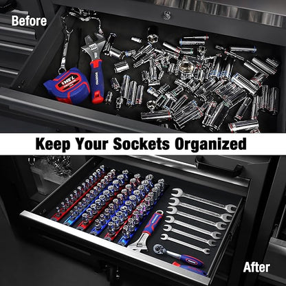 WORKPRO Magnetic Socket Organizer, 1/4-Inch Drive Aluminum Alloy Sockets Rail, Heavy Duty Sockets Holder, Socket Rack Kit 1/4-Inch x 12 Clips (Blue)