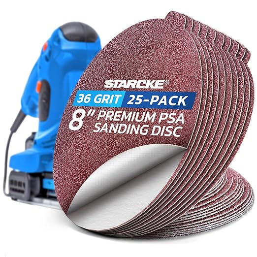 8 inch Sanding Disc Self Stick Orbital Sander Pads 25 Pack No Hole - Premium 36 Grit Sandpaper Discs Aluminum Oxide, Durable PSA Sand Paper, Round Sanding Discs Adhesive Back for Wood & Metal