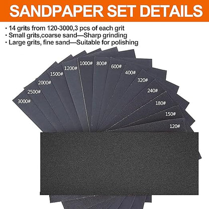 Wet & Dry Sandpaper Set, 42 Sheets of 120 to 3000 grit Sandpaper with Sanding Block Sander,for Wood Furniture Finishing Metal Automotive Sanding Polishing
