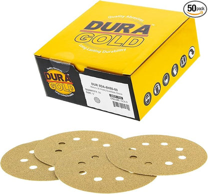 Dura-Gold Premium 80 Grit 5" Sandpaper Discs, 8 Hole Pattern Dustless, 50 Discs - Hook & Loop Backing for Orbital DA Sander, Detailing Finishing Color Sanding Automotive Paint Woodworking