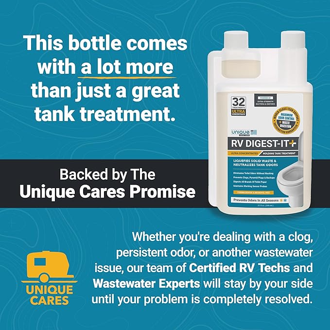 Unique RV Digest-It Ultra RV Toilet Treatment, 32 Uses, Super Concentrated, Eliminates Smells, Liquifies Waste, Easy-Measure Preventive Bio-Enzymatic Holding Tank Treatment, Package May Vary (32 oz)