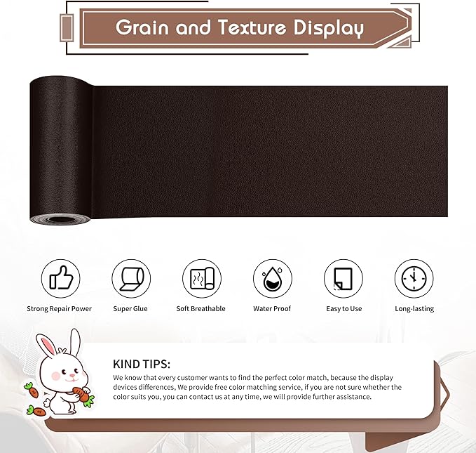 KING MOUNTAIN Leather Repair Patch,4 x 63 Inches self Adhesive Leather Repair Tape for Damaged Leather Furniture, Sofa Seating,Car Seats, Leather Goods（Fine Grained Dark Brown）