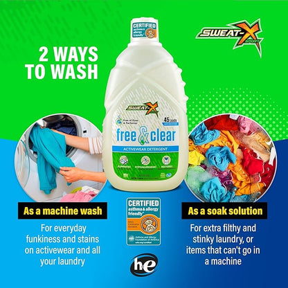 Sweat X Free & Clear Activewear Laundry Detergent – Certified Asthma & Allergy Friendly® – Hypoallergenic – Removes Toughest Stains & Odors – High-Performance Sports Wash – 45 Loads/Bottle – 4 Pack