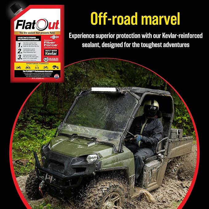 FlatOut Tire Sealant Sportsman Formula - Prevent Flat Tires, Seal Leaks, Contains Kevlar, 32-Ounce Bag, 1-Pack