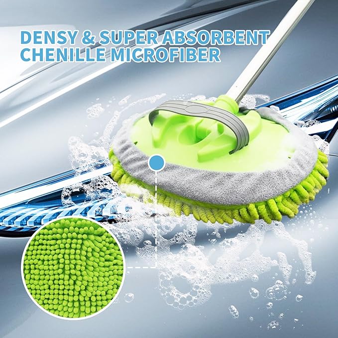 62'' Car Wash Brush Kit - Mitt, Mop, Sponge & Long Handle, Scratch-Free Chenille Replacement Head, Wheel Tire Brush, Car Detailing Kit for Cars, RV, Truck