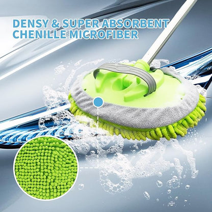 62'' Car Wash Brush Kit - Mitt, Mop, Sponge & Long Handle, Scratch-Free Chenille Replacement Head, Wheel Tire Brush, Car Detailing Kit for Cars, RV, Truck