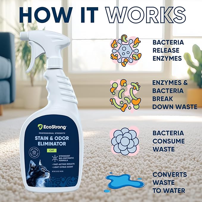 Cat Stain And Odor Remover | Enzyme Urine Odor Neutralizer - Stain Remover for Carpet, Litter Boxes, Bedding, and Laundry [Citrus Scent, 32 oz. Spray]