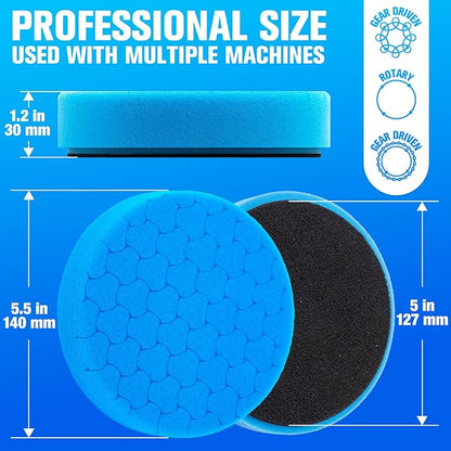 KUIMIT Blue Polish Pad, 3Pcs 5.5 Inch Face for 5 Inch Buffing Polishing Pads and Woolen Pads 125mm Backing Plate Compound Buffing Sponge for Car Buffer Polisher Compounding, Polishing and Waxing