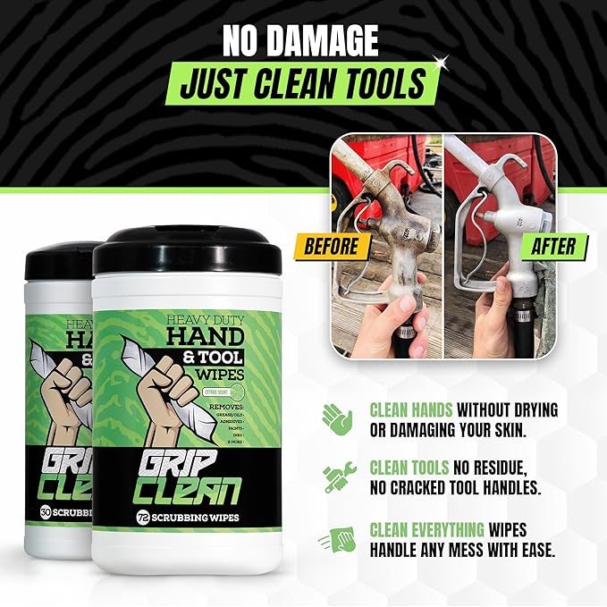 Grip Clean Heavy Duty Hand & Tool Cleaning Wipes – Waterless Hand Cleaner for Mechanics, Garage & Shop Use – Dual-Sided Grease, Oil & Paint Remover Wipes with Citrus Scent - 30ct (6 Pack)