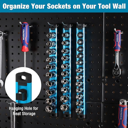 WORKPRO Magnetic Socket Organizer, 3/8-Inch Drive Aluminum Alloy Socket Rail, Heavy Duty Socket Holder, Socket Rack Kit 3/8-Inch x 10 Clips Sky Blue (Socket not Included)