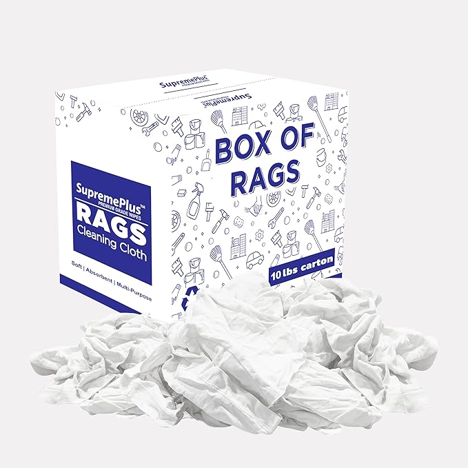 Recycled White T-Shirt Cleaning Rags (10.0 lbs. Box) – Shop Rags Bulk for Oil, Stain, Grease, Paint, and Auto Cleaning, Multipurpose