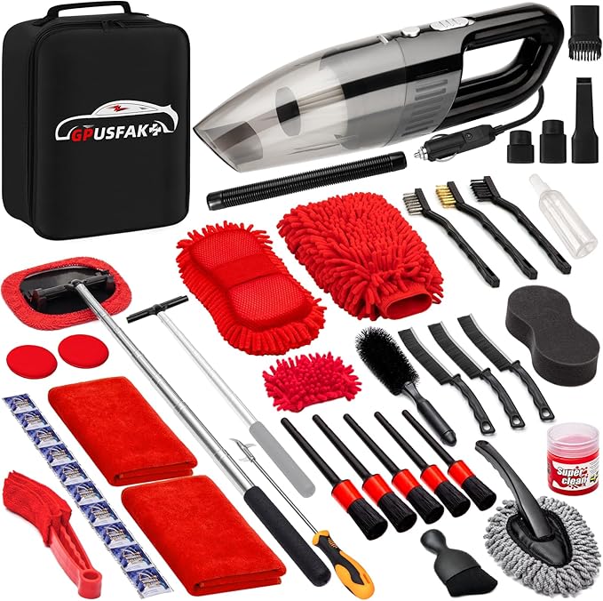 GPUSFAK 45Pcs Car Wash Cleaning Kit with High Power Handheld Vacuum Windshield Cleaning Tool with Side Mirror Squeegee Detailing Brushes Tire Brush Towels Complete Detailing Set for Car