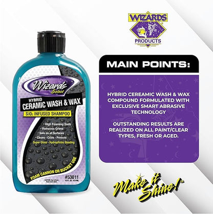 Wizards Hybrid Ceramic Car Wash and Wax Wash Si02 Infused Shampoo - Cleans, Coats & Protects Car Wash Liquid for Mechanics & Car Enthusiasts