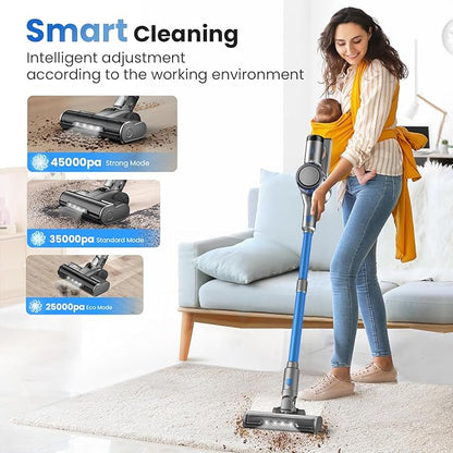 Dzaki S9X Vacuum Cleaners for Home,400W 45KPa Cordless Stick Vacuum Cleaner,Up to 55 Mins Runtime,Smart Induction Auto-Adjustment,Rechargeable Battery Vacuum Cordless for Carpet Floor Pet Hair(Navy)