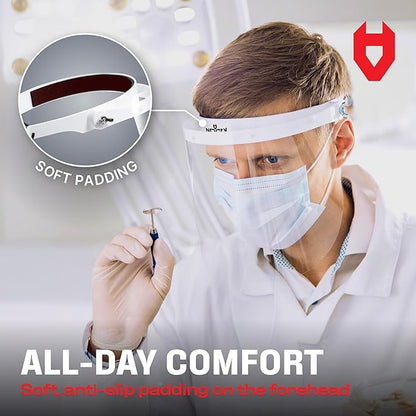 NoCry Protective Face Shield Mask with Adjustable Headband and 2 Reusable Plastic Visors — Flip-Up Design with Durable Metal Hinges — Anti-Slip Forehead Padding — Fits Over Glasses