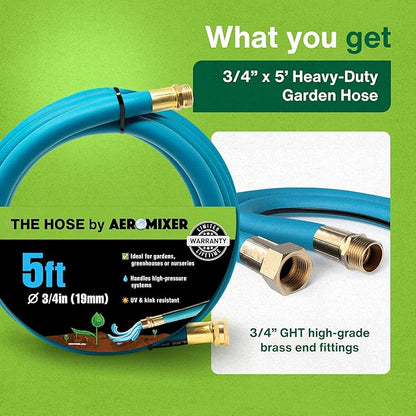 Aeromixer THE HOSE - 3/4 Inch Garden Hose 5 Feet, Kinkless Commercial Short Garden Hoses, Heavy Duty Industrial Water Hoses for Outdoors, 650 PSI High-Pressure Watering Tool for Farming and Gardening