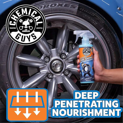 Chemical Guys Tire Kicker Sprayable Extra Glossy Tire Shine with Applicator (Works on Rubber, Vinyl & Plastic) Safe for Cars, Trucks, Motorcycles, RVs & More, 16 fl oz