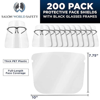 TCP Global Salon World Safety Face Shields with Black Glasses Frames (20 Packs of 10) - Ultra Clear Protective Full Face Shields to Protect Eyes, Nose, Mouth - Anti-Fog PET Plastic, Goggles