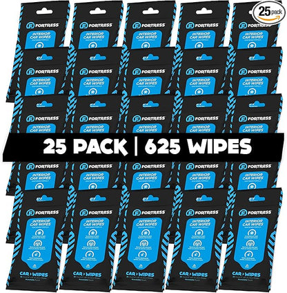 Fortress Car Interior Wipes (25 ct, Pack of 25) for Car Interior Cleaning, Dashboard, Seats, Detailing, and Steering Wheel [Travel Size] Skin-Safe Car Interior Cleaner Supplies