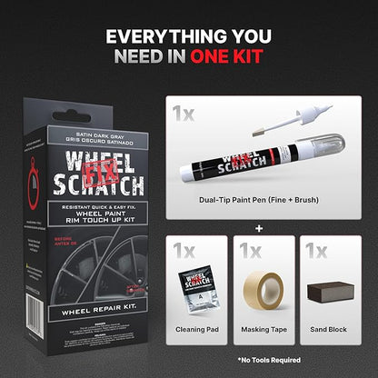 Wheel Scratch Fix® Dark Gray Touch Up Paint for Cars - DIY Alloy Wheel Repair Kit, Curb Rash Remover with Fast-Drying Pen - Long-Lasting OEM Finish Car Rim Paint for Scuffs and Chips at Home (Satin Dark Gray)