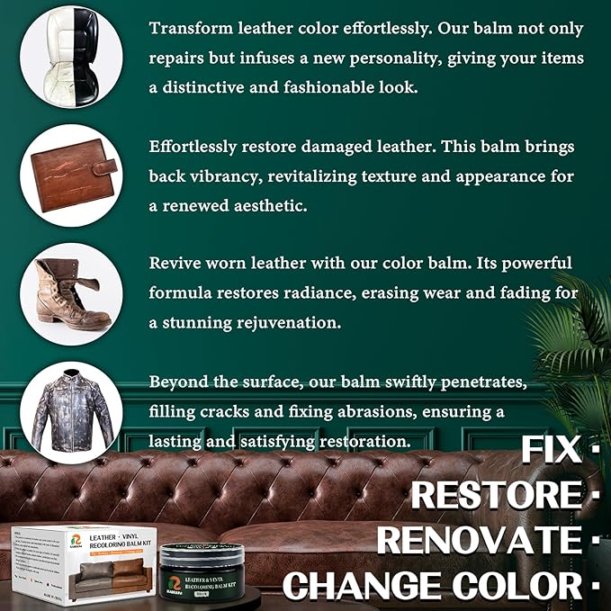 RABEKIM Black Leather Repair Kit, Leather Recoloring Balm – Restore & Repair Faded Leather on Couches, Car Seats, Shoes & Furniture | Leather Color Restorer & Conditioner | Easy DIY Application